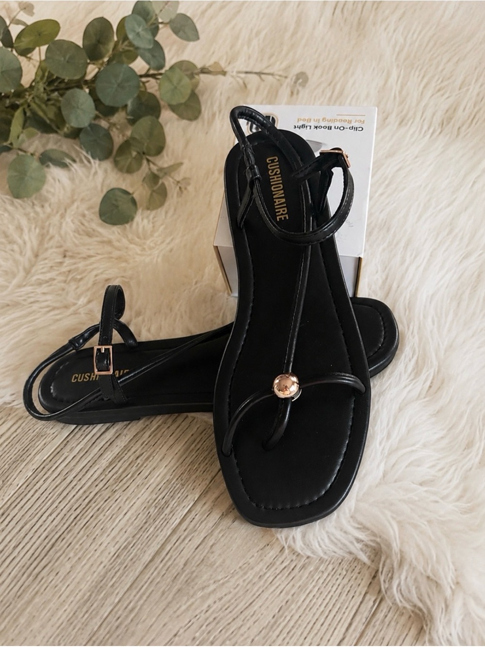 Cushionaire Black Women's T-Strap Sandals with Gold Accent